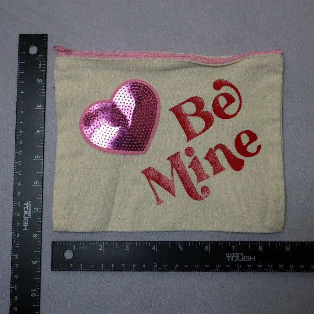 Be Mine Pink Sequin Heart Patch Pink Zipper Canvas Pouch Handmade‎ Makeup Bag